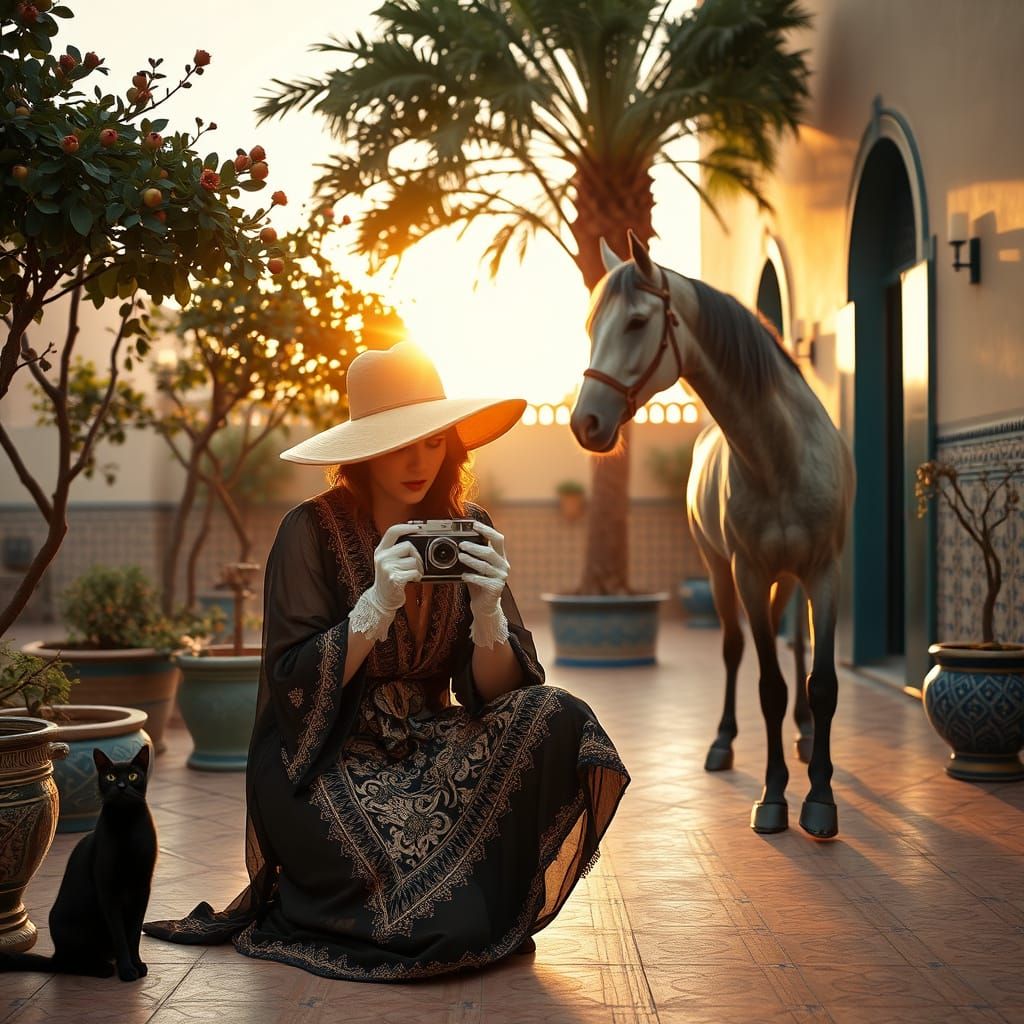 Moroccan Courtyard at Golden Hour in Vintage Photography Sty...