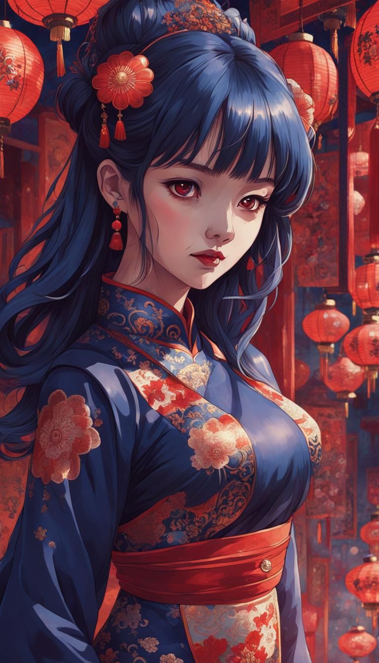 Dreamcore Girl with Red Lanterns in Kawaii Style