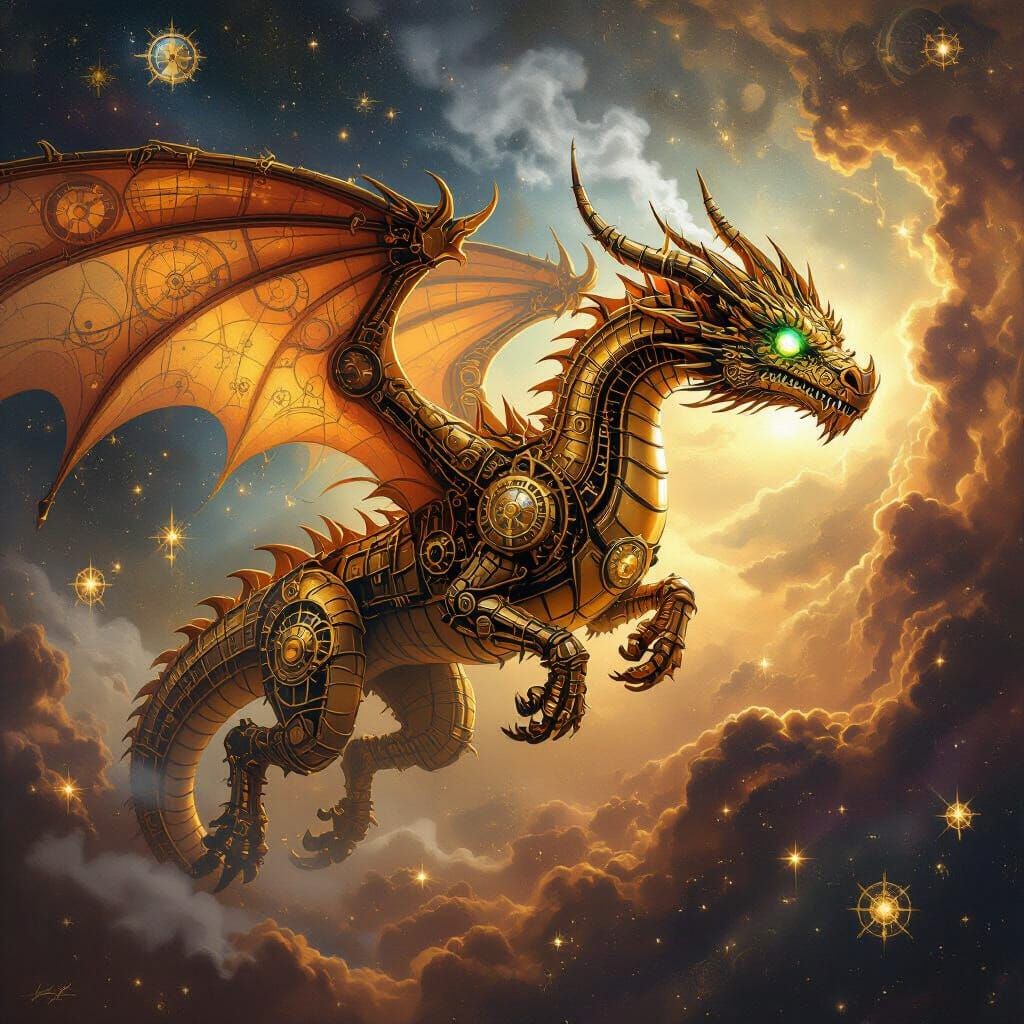 Majestic Clockwork Dragon Soaring Through Nebula