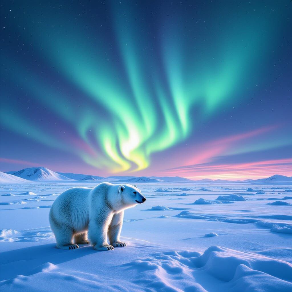 Polar Bear Under Aurora Borealis, Hyperrealistic