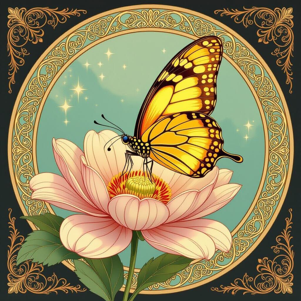 Art Nouveau Golden Butterfly on Pastel Flower