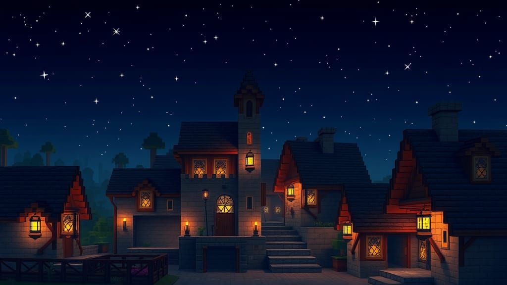 Minecraft Village at Dusk with Warm Lighting