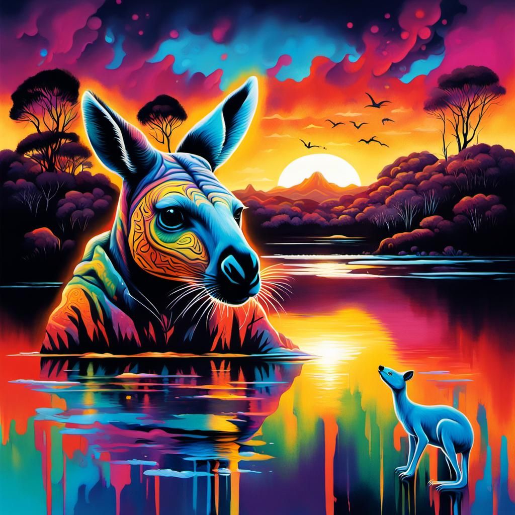 Australian Sunset with Kangaroos in Graffiti Art Style