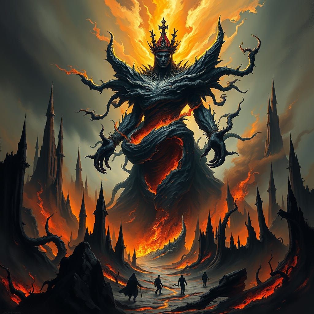 Dark, Fiery Monarch Commands Desolate, Nightmarish Landscape
