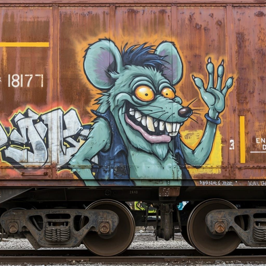 Graffiti Train Car with Exaggerated Ratfink Monster