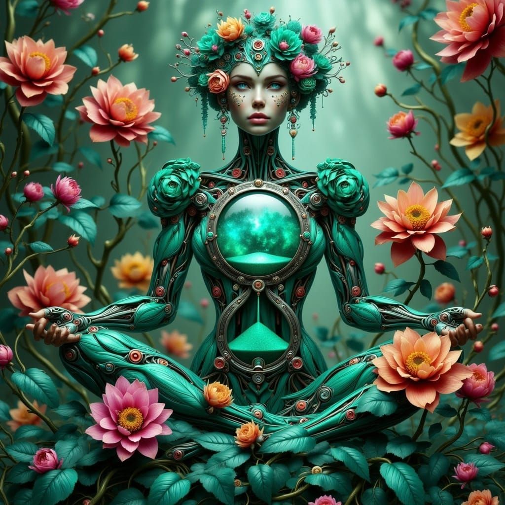 Biomechanical Woman Controls Time with Floral Hourglass