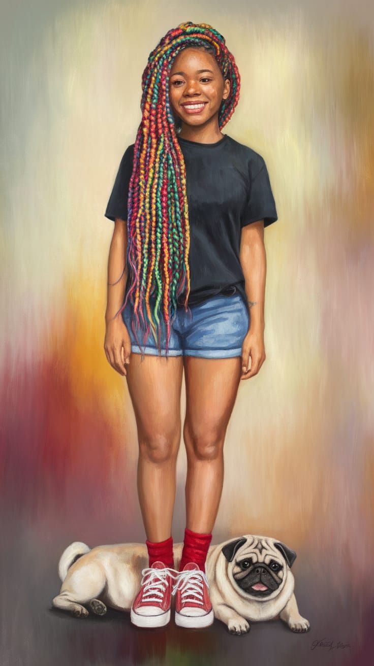 Vibrant Young Woman in Rainbow Braids Oil Painting