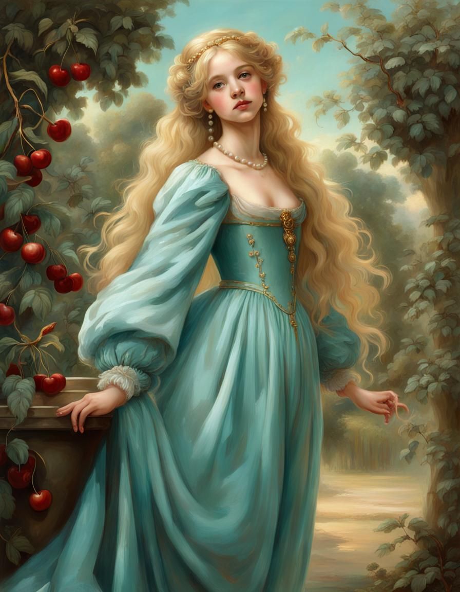 Renaissance Girl in Turquoise Gown in Cherry Garden