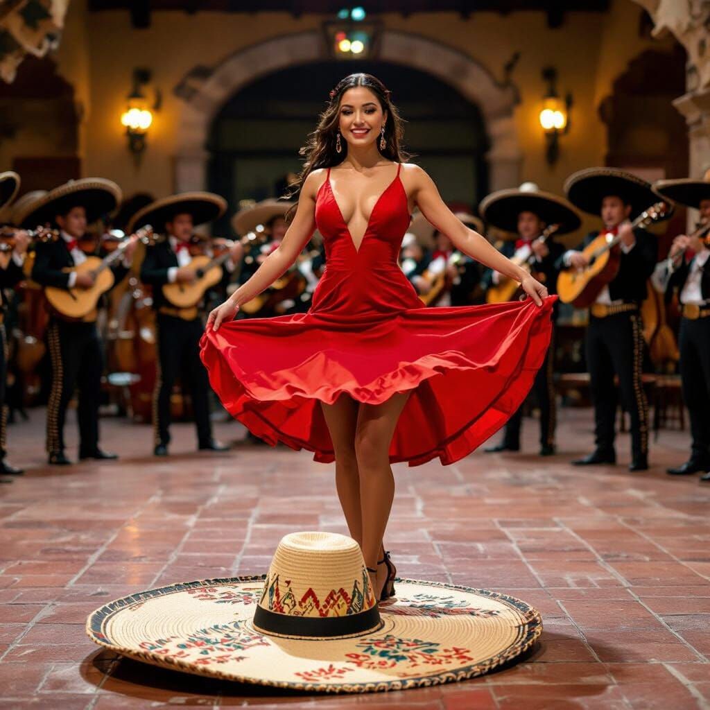 Young Mexican Woman Dances with Sombrero, Mariachi Band Play...