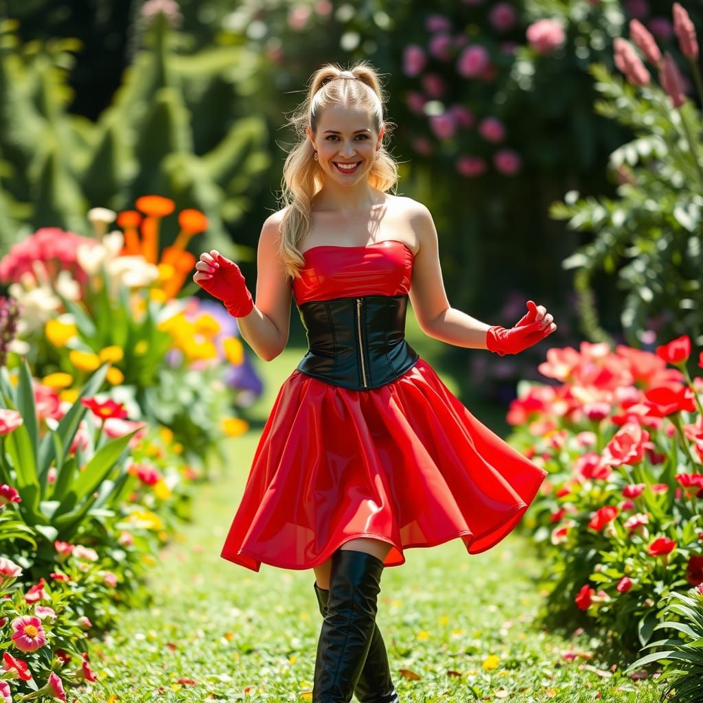 Woman in Red Latex Dress Dancing in Garden