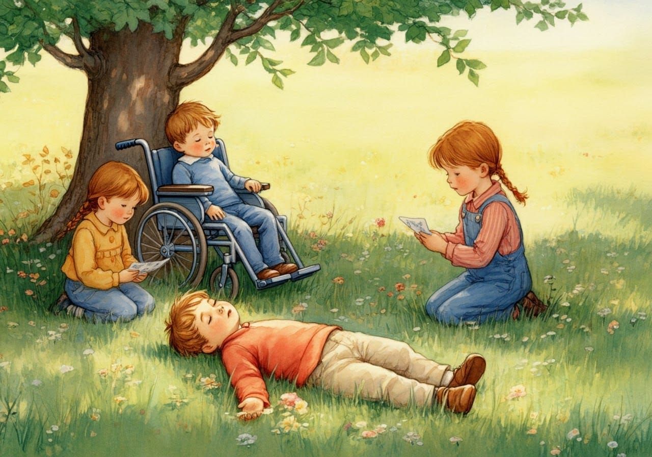 Children in Meadow with Wheelchair, Vintage Illustration