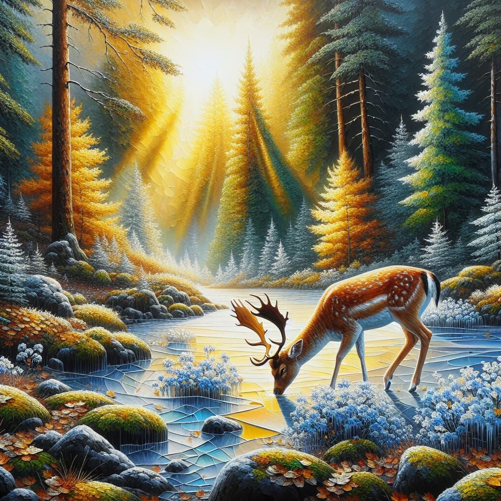 Deer Grazing on Frozen Flowers as Impasto Painting