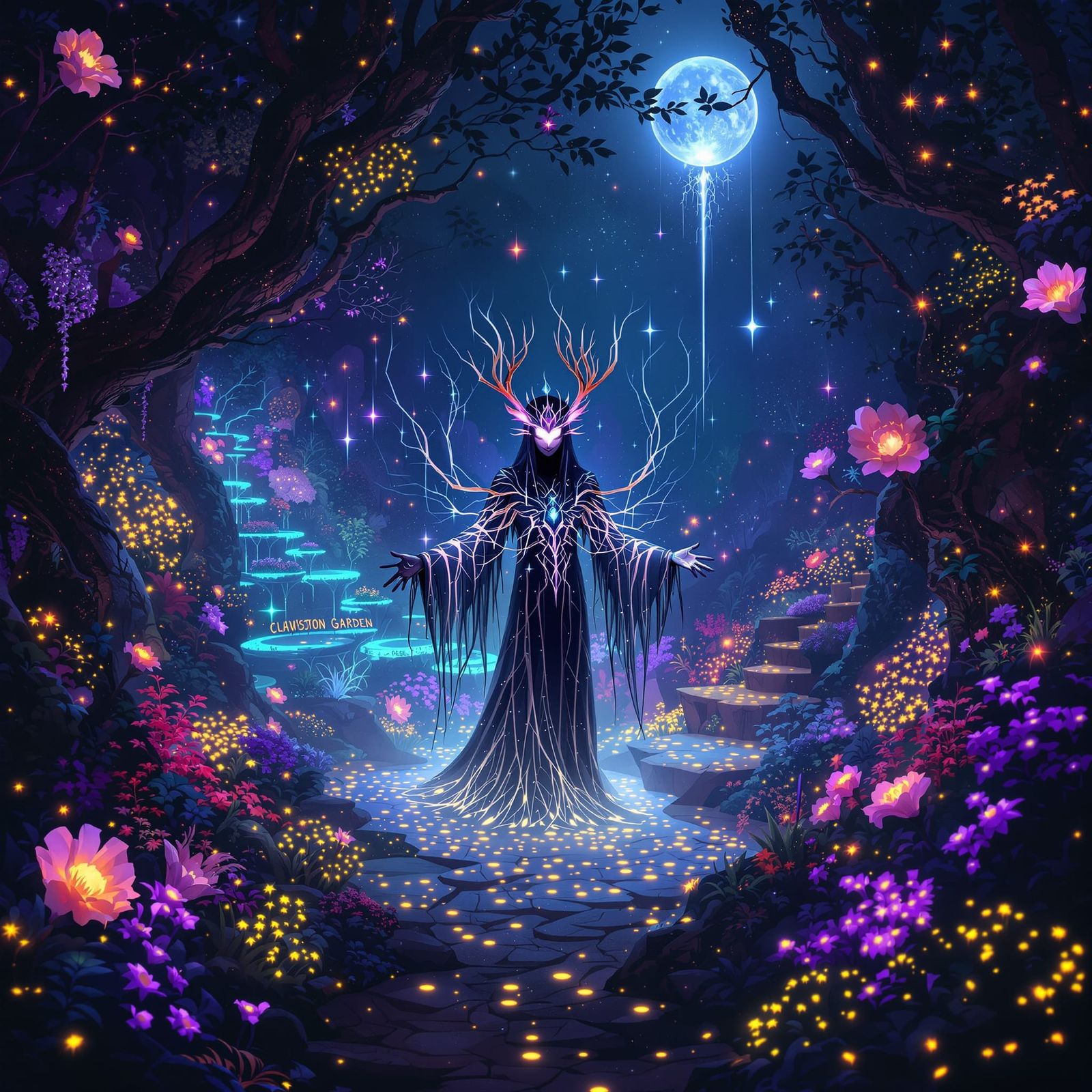 Chaotic Magical Being in Bioluminescent Garden