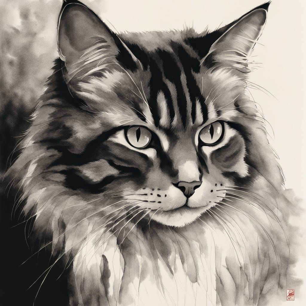 Elegant Long-Haired Cat in Japanese Ink Wash Style