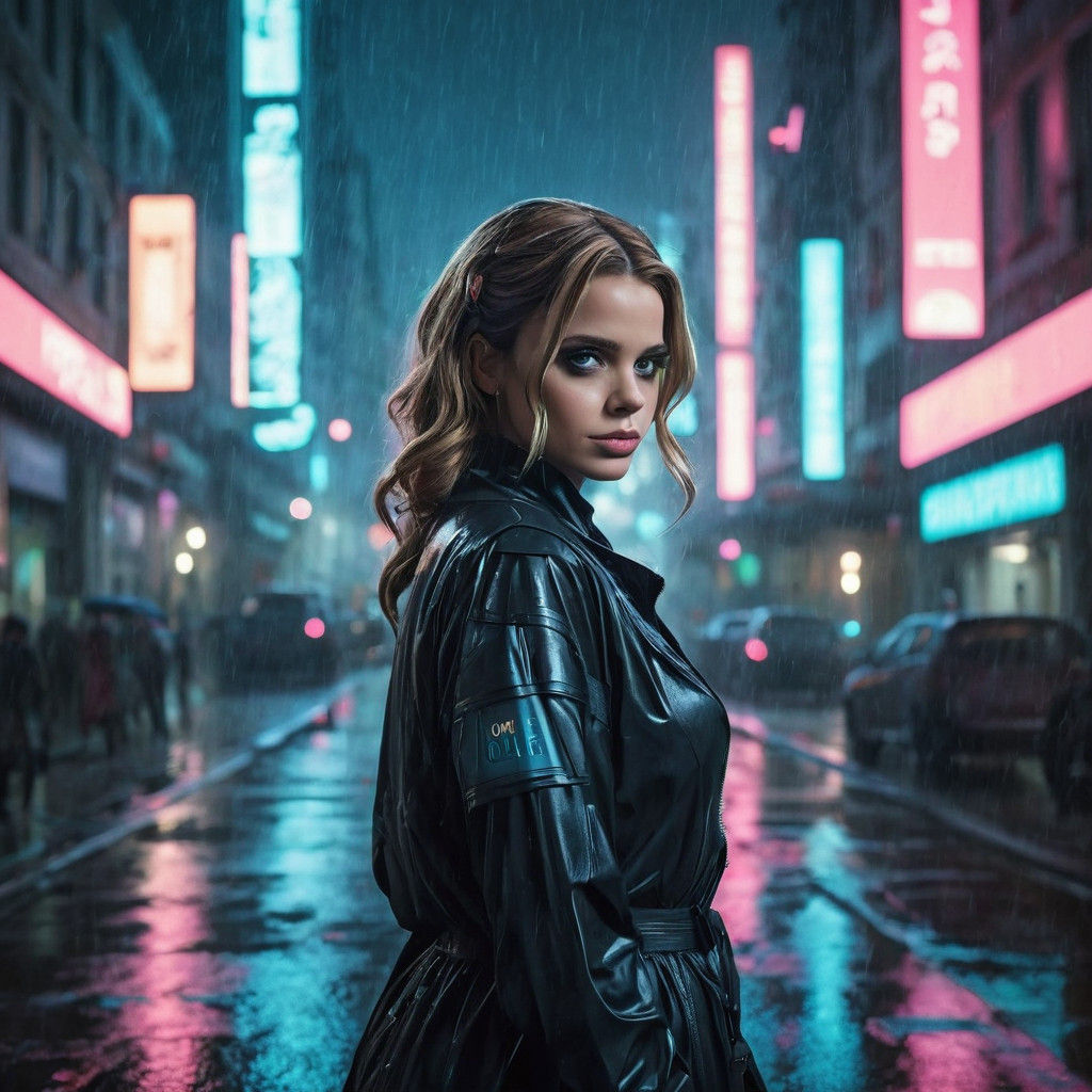 Cyberpunk Protagonist in Rainy City Night