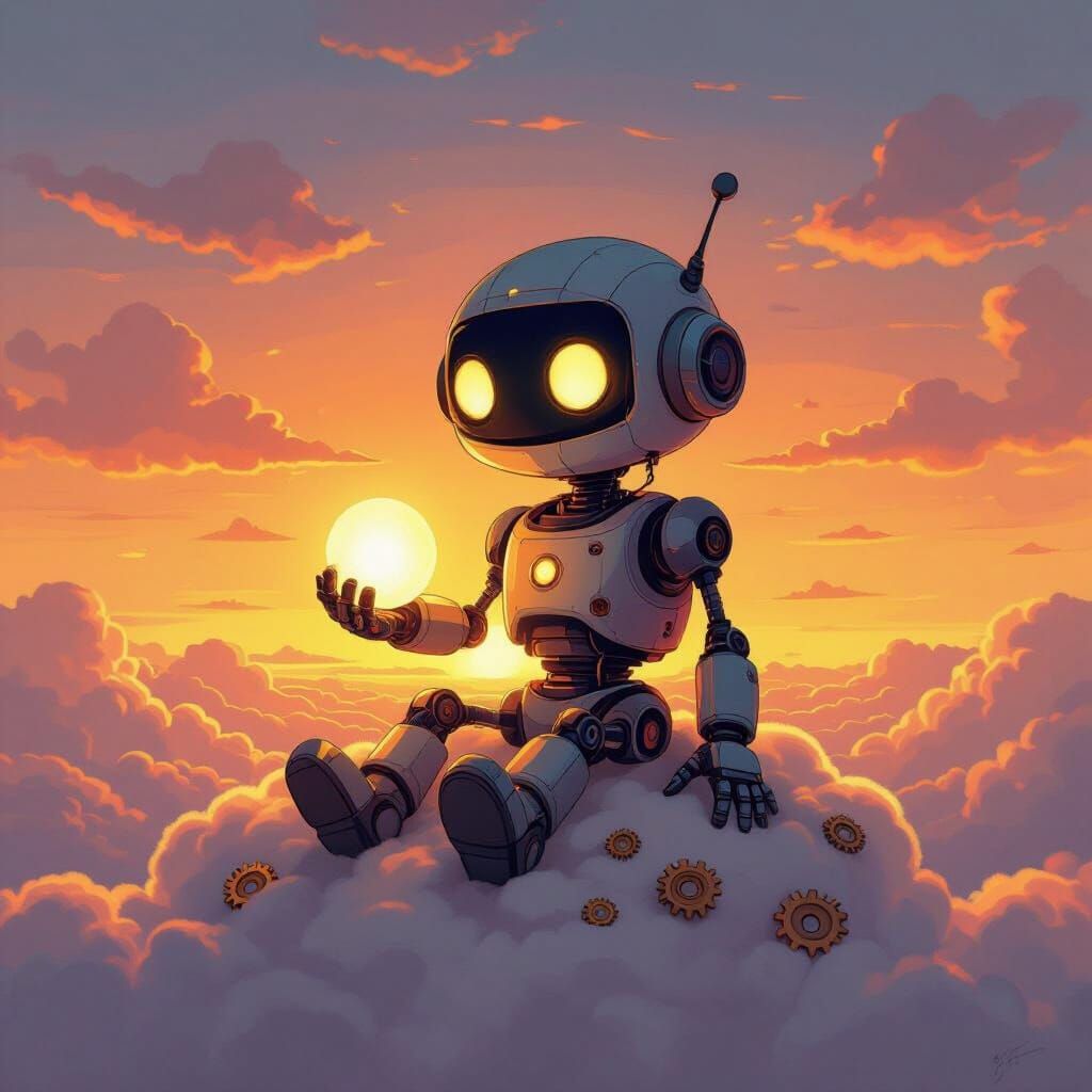 Whimsical Robot on Cloud at Sunset, Dreamlike Atmosphere