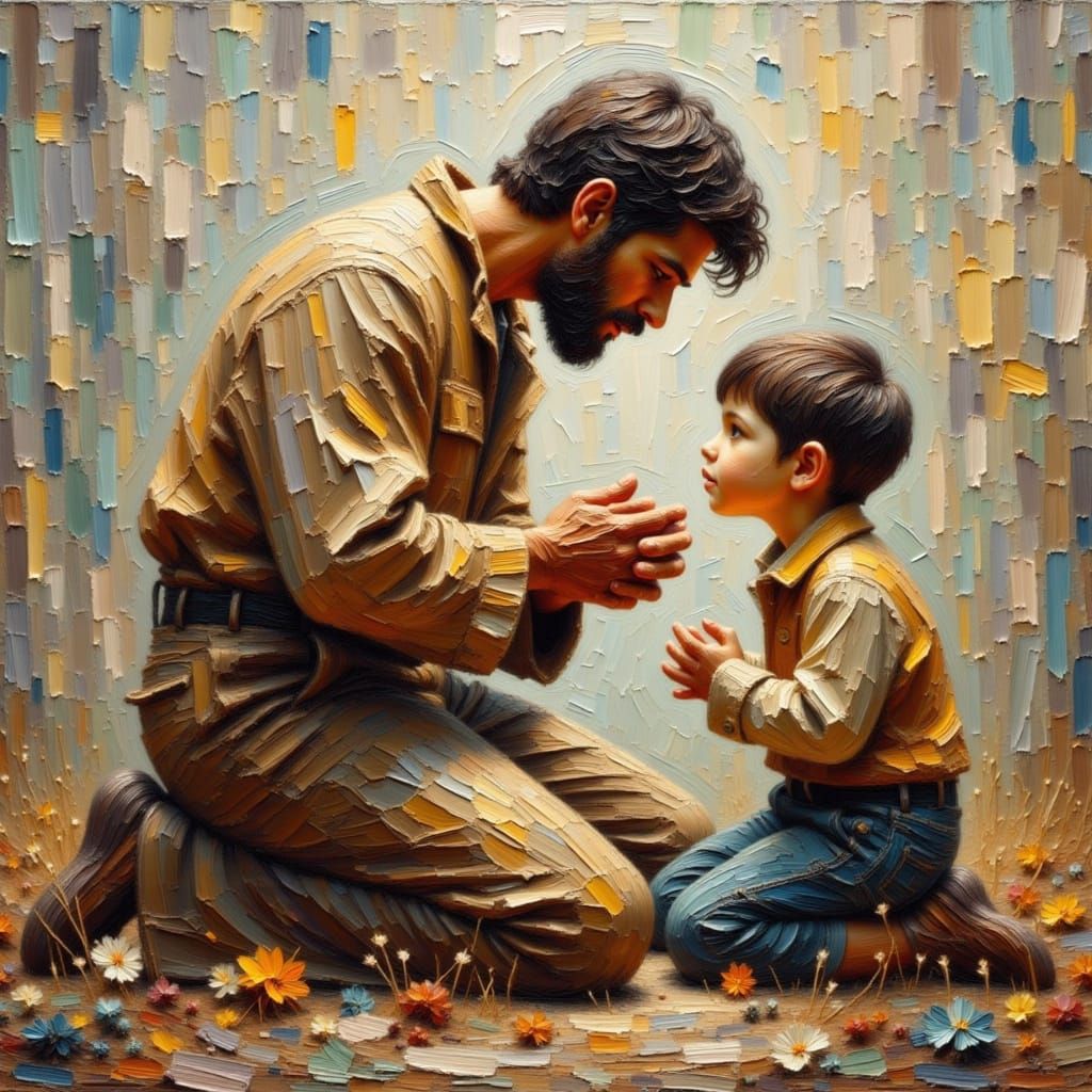 Father and Son Praying as Impasto Oil Painting