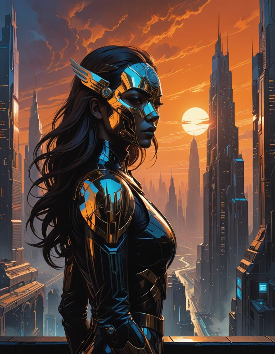 Heroic Woman in Ethereal Mask Illuminates Cityscape