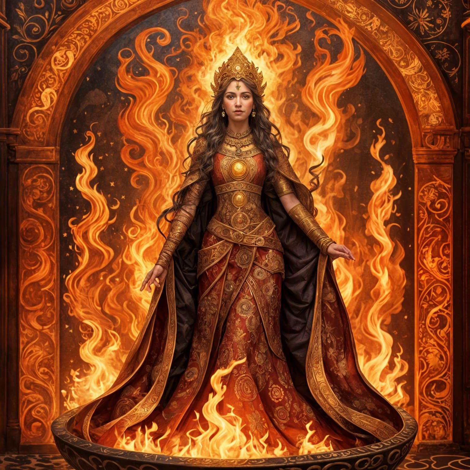 Multicultural Goddess in Inferno, Klimt-Inspired Art