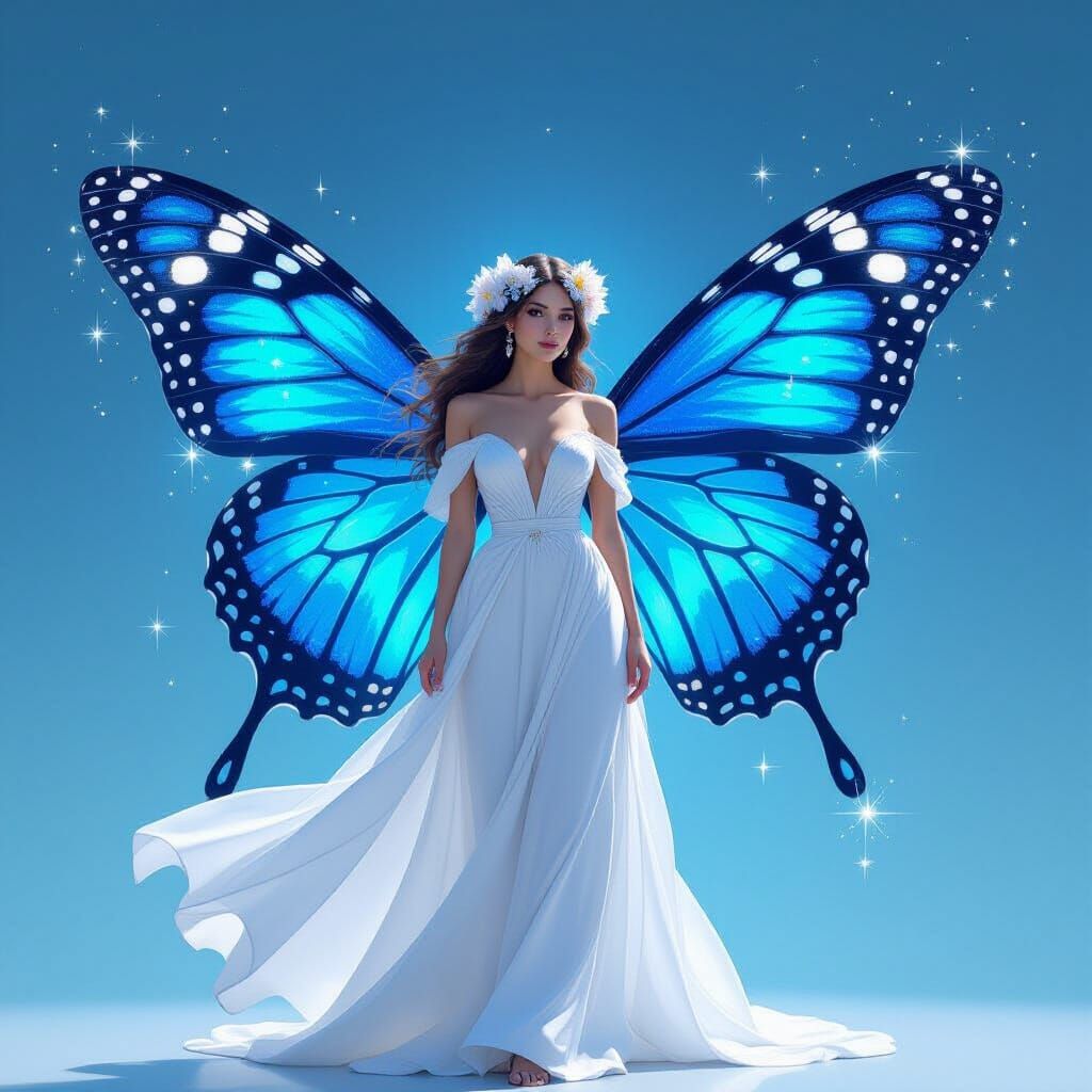 Woman with Butterfly Wings in Ethereal Landscape