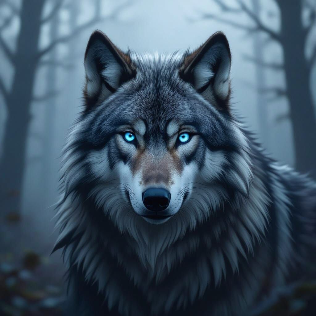 Majestic Wolf in Misty Forest, Digital Illustration
