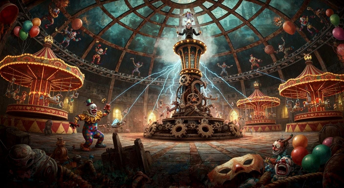 Deranged Circus Factory Villain's Hideout in Dark Fantasy St...