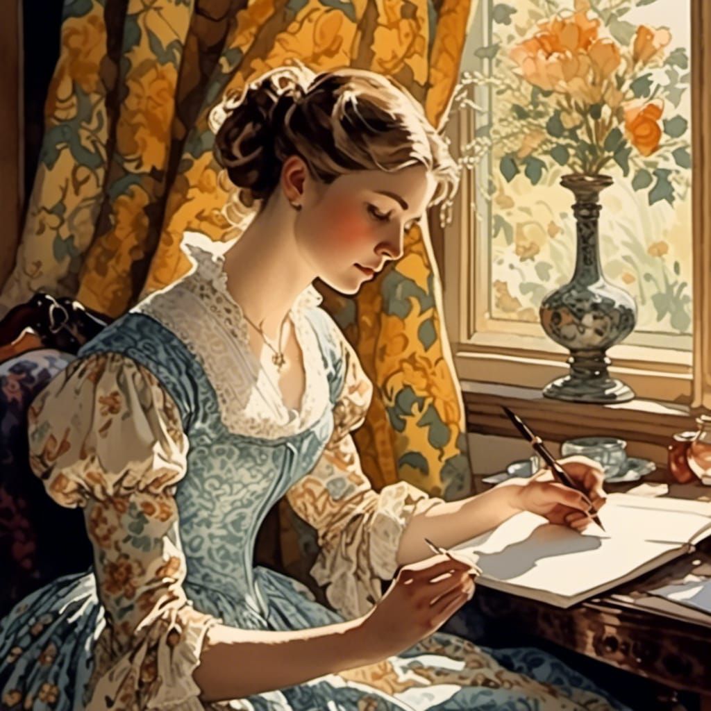 Victorian Woman Sketching: Watercolor Impressionism