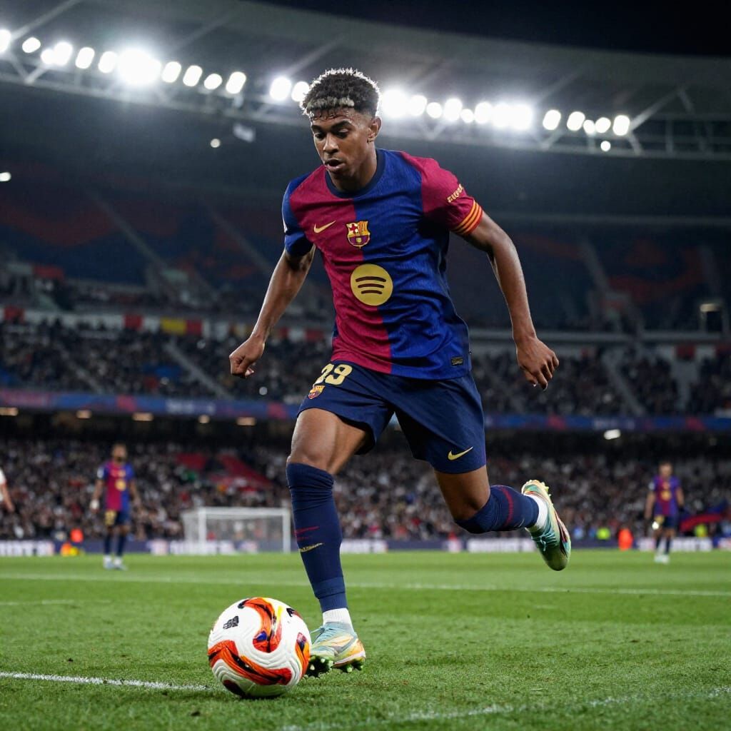 Lamine Yamal Dribbles Ball in Action Shot