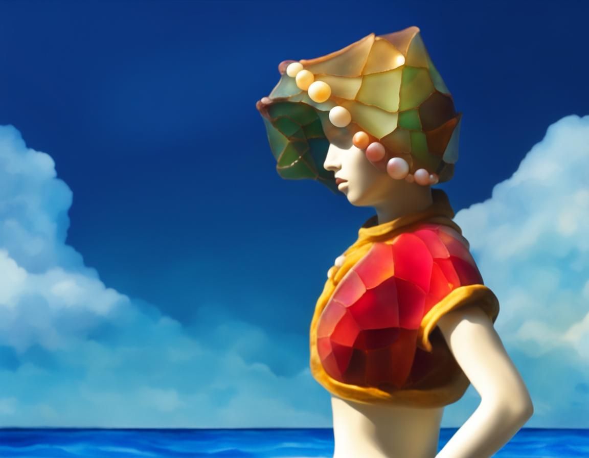 Oceanic Beach-Glass Sculpture in Stained-Glass Style