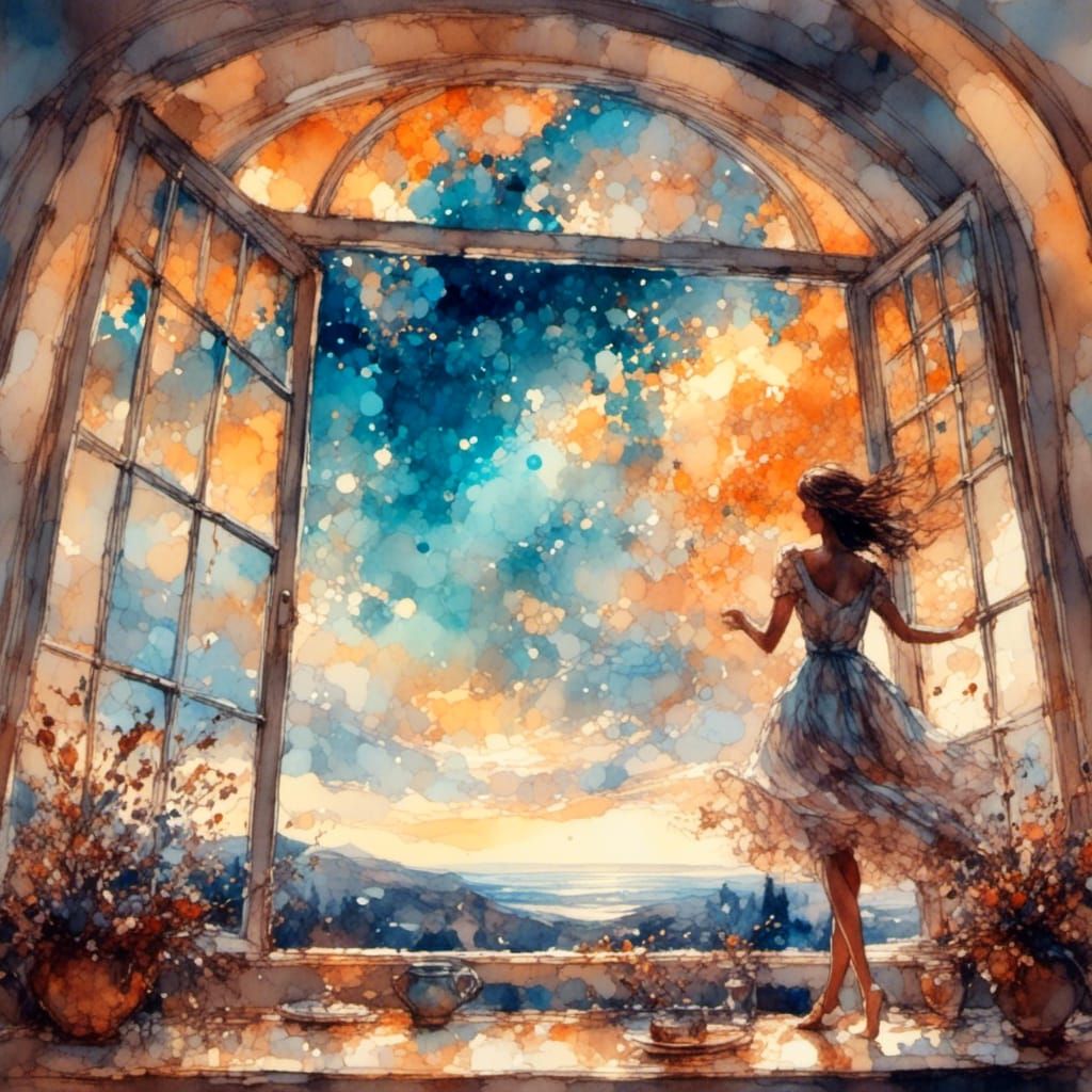 Planetary Vista in Watercolor Acrylic Ink Style