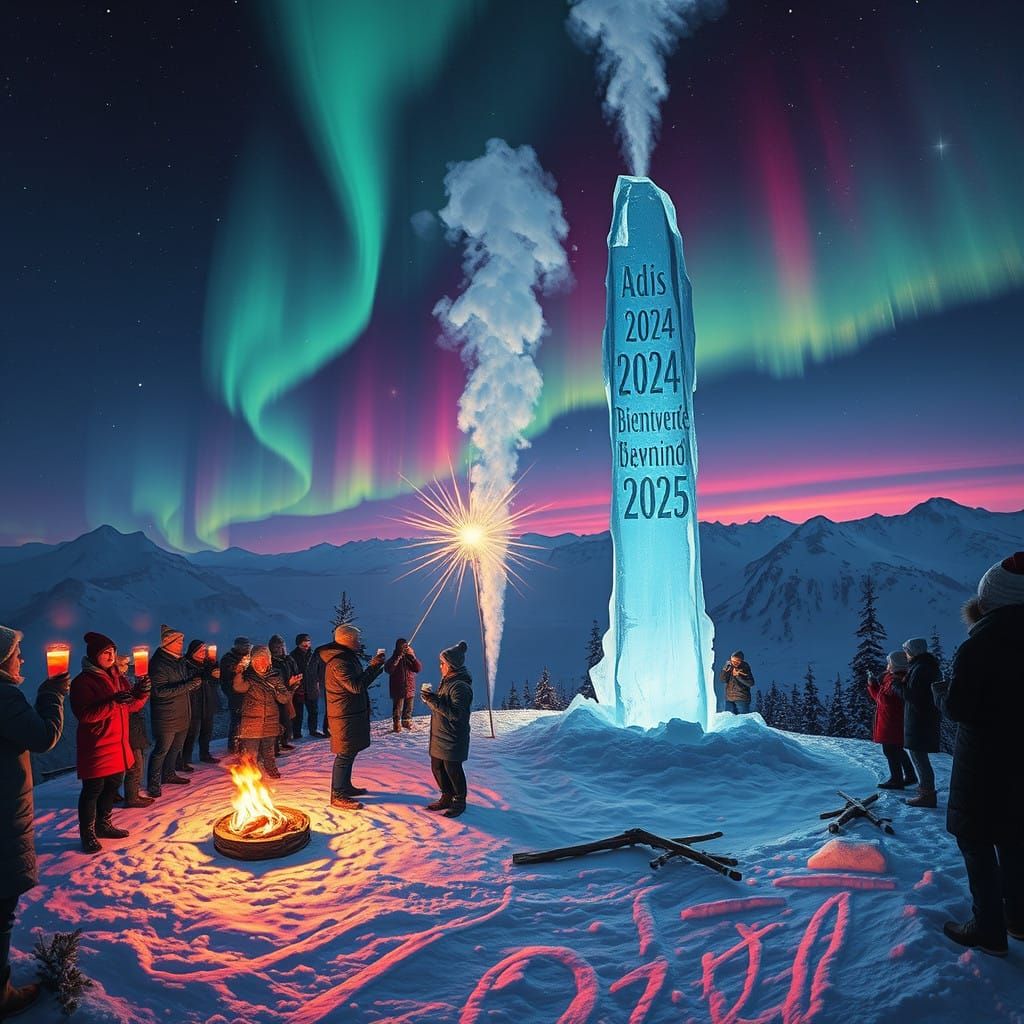 Winter Fiesta on Snowy Mountain Peak with Blazing Fire and S...