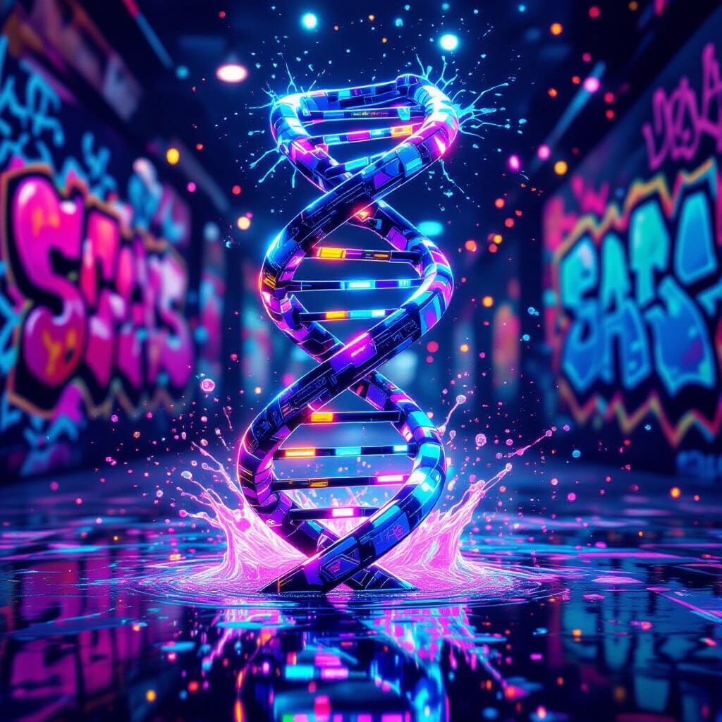 Psychedelic DNA Strand with Graffiti, Splash Art