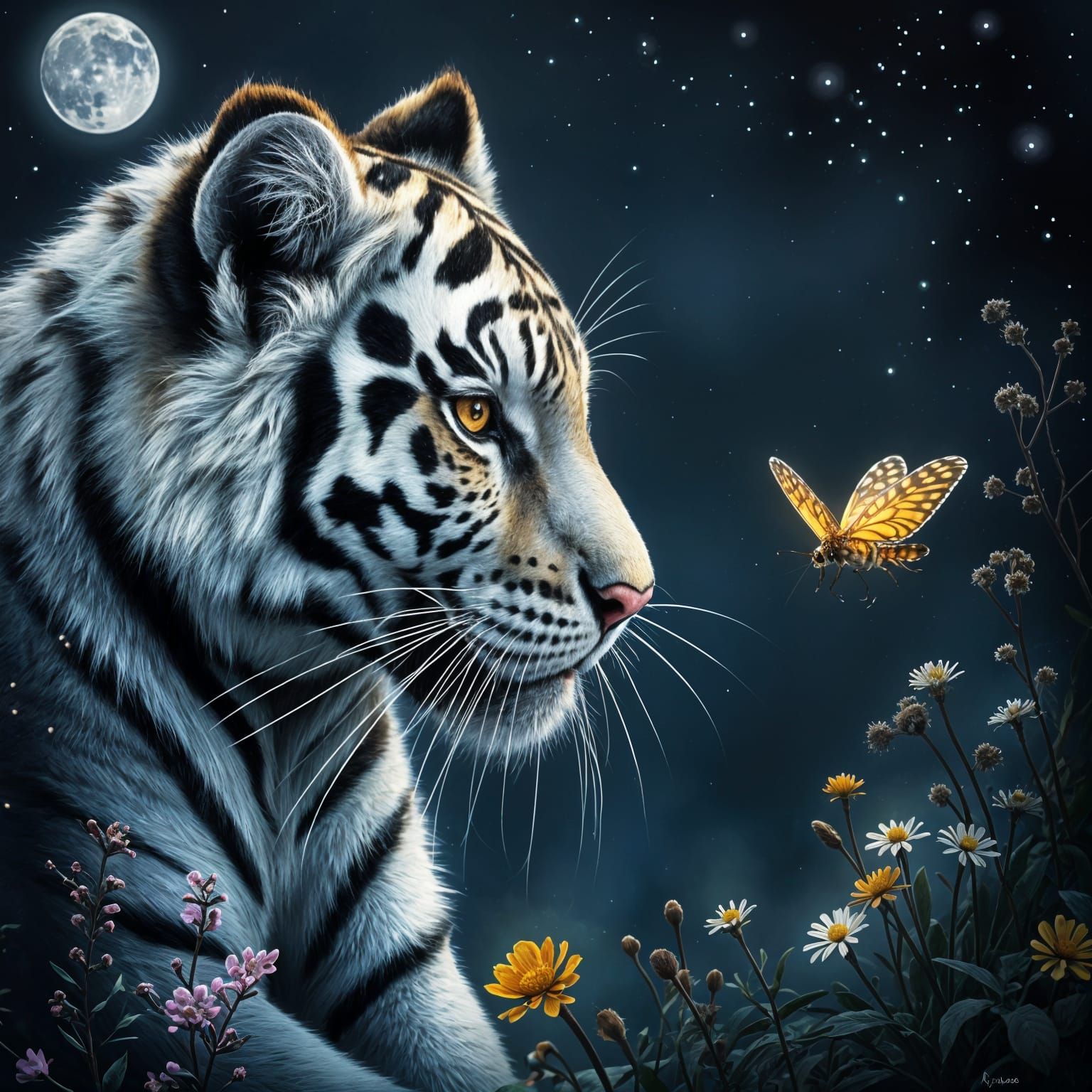 Hyperrealistic Baby Snow Tiger Faces a Firefly in a Magical...