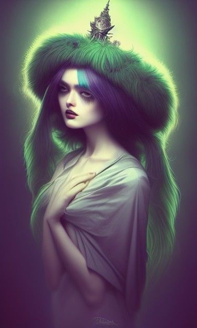 Androgynous Beauty in Green Fur: Digital Art
