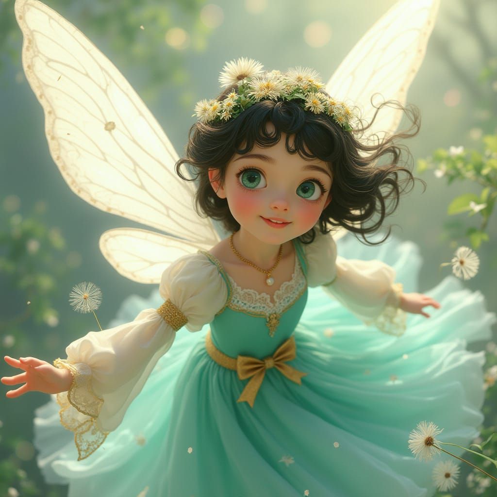 Turquoise Princess Soars with Dandelion Wreath and White Win...