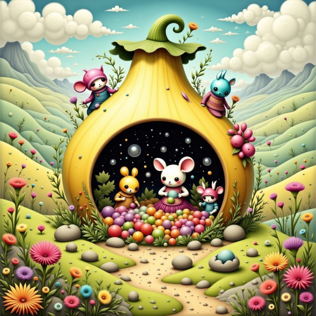 Gourd Farmstand with Furry Critters, Dreamlike Details