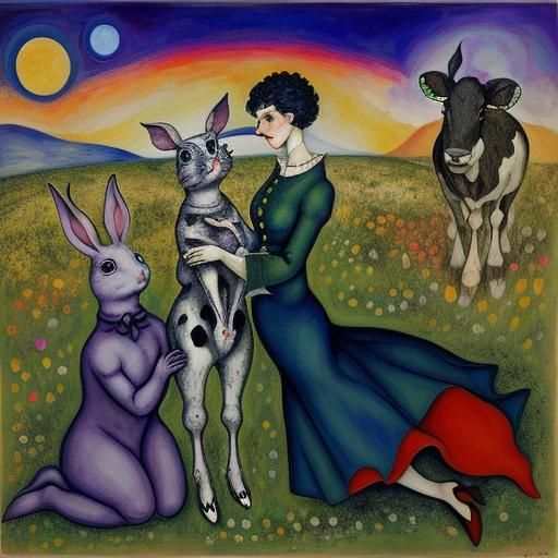 Surreal Rabbits in Meadow: An Expressionist Oil Painting