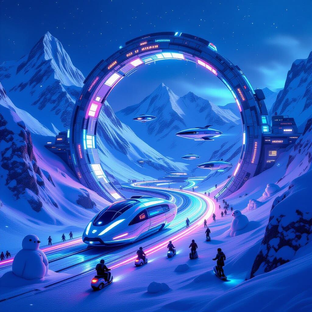 Sci-Fi Circular City in Snowy Mountains with Electrocars