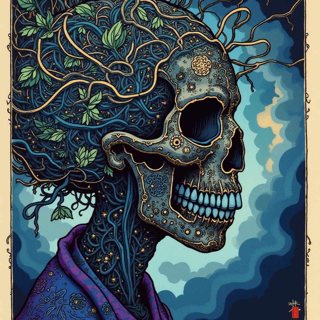 Mystical Biomechanical Face in Ukiyo-e Style