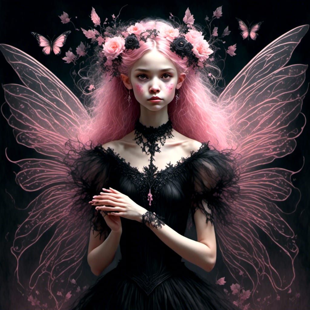 Gothic Fairy Portrait with Translucent Pink Wings