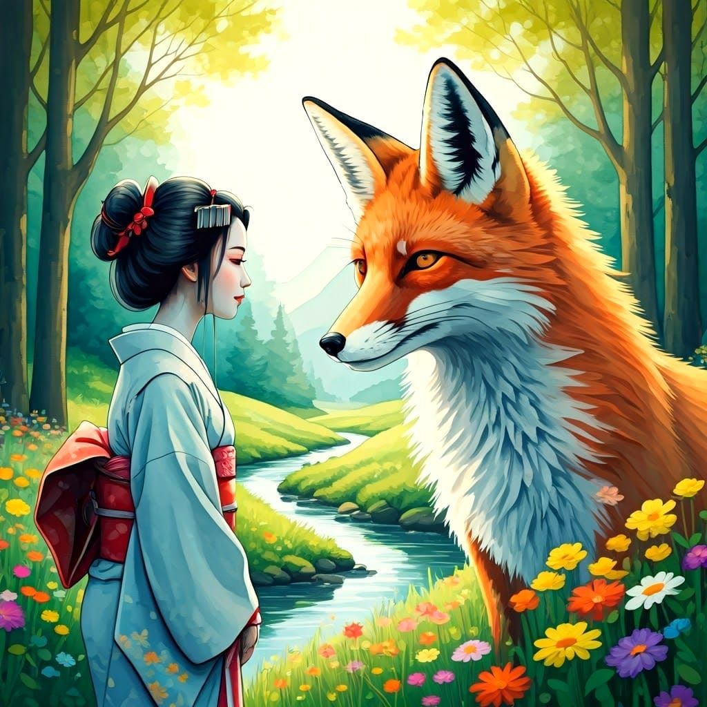 Intricate Watercolour Portrait of a Geisha and Fox in Revere...