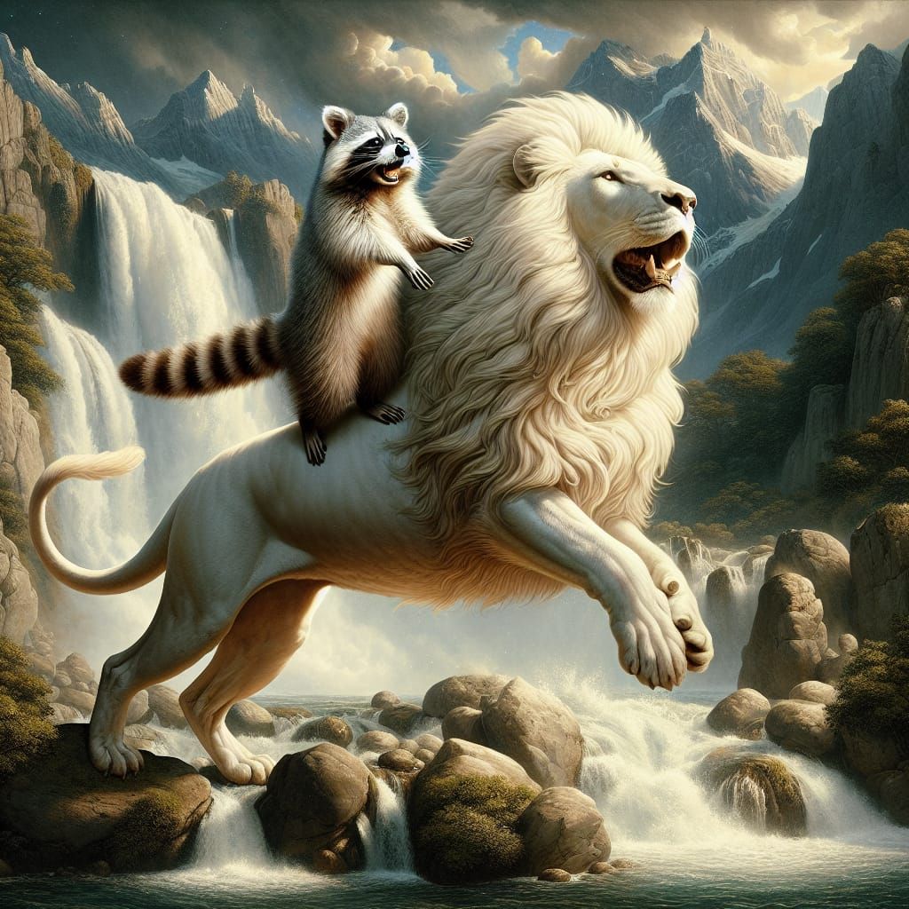 Ethereal Raccoon and Lion in Whimsical Pre-Raphaelite Landsc...
