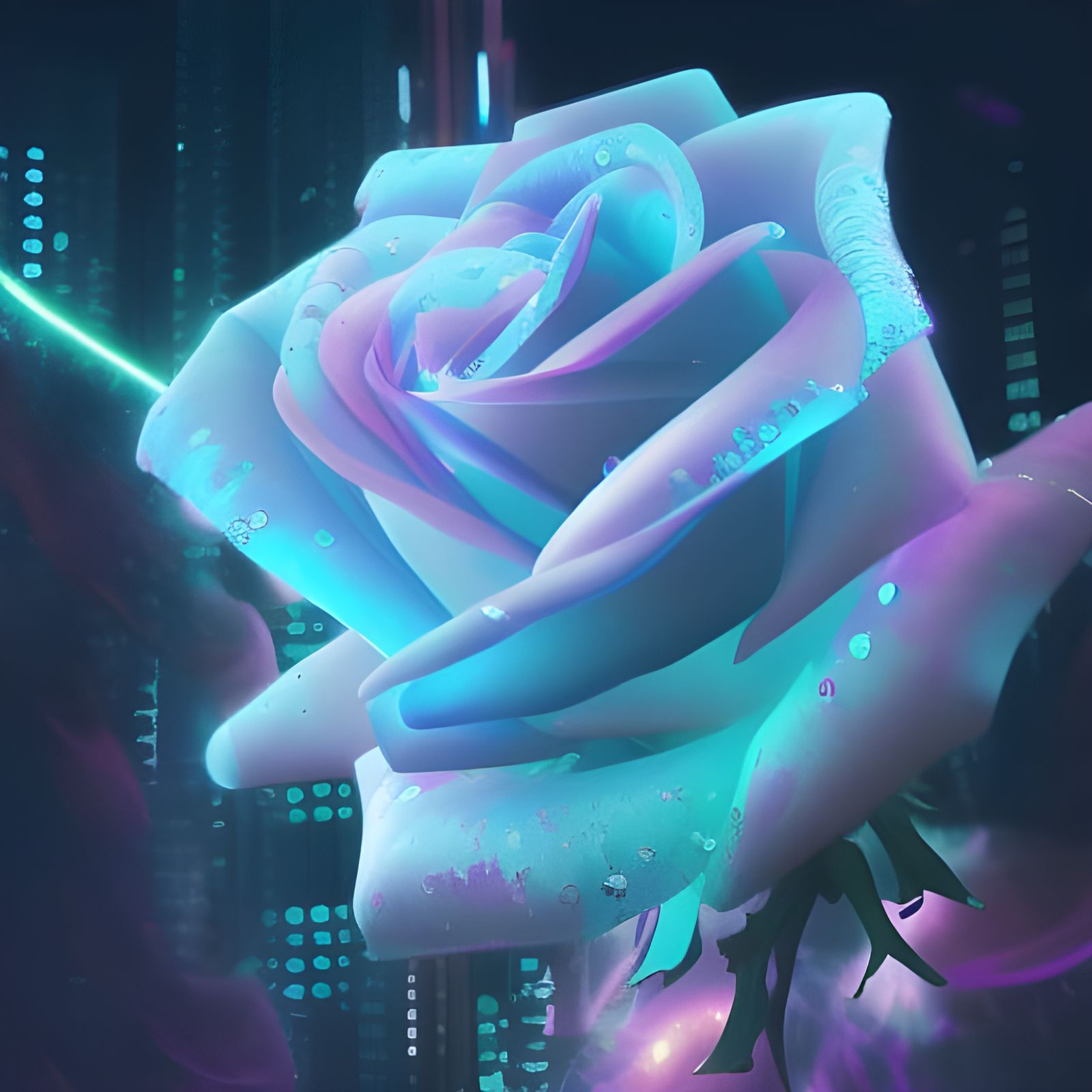 Bioluminescent Crystal Rose in Cyberpunk Style