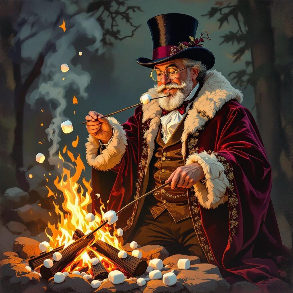 Man in Velvet Robes Roasting Marshmallows by Bonfire