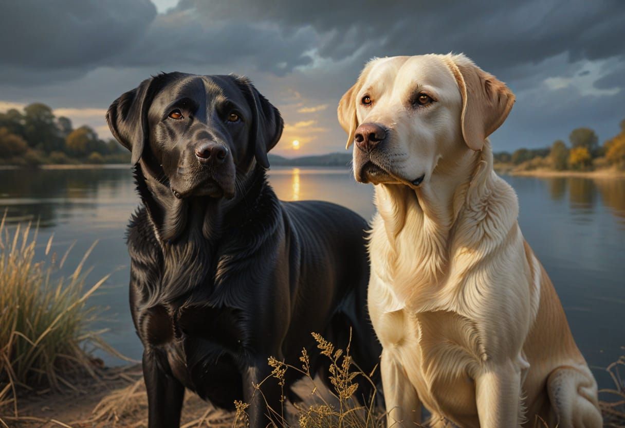 Old Master Portrait of Alert Labradors by Lake