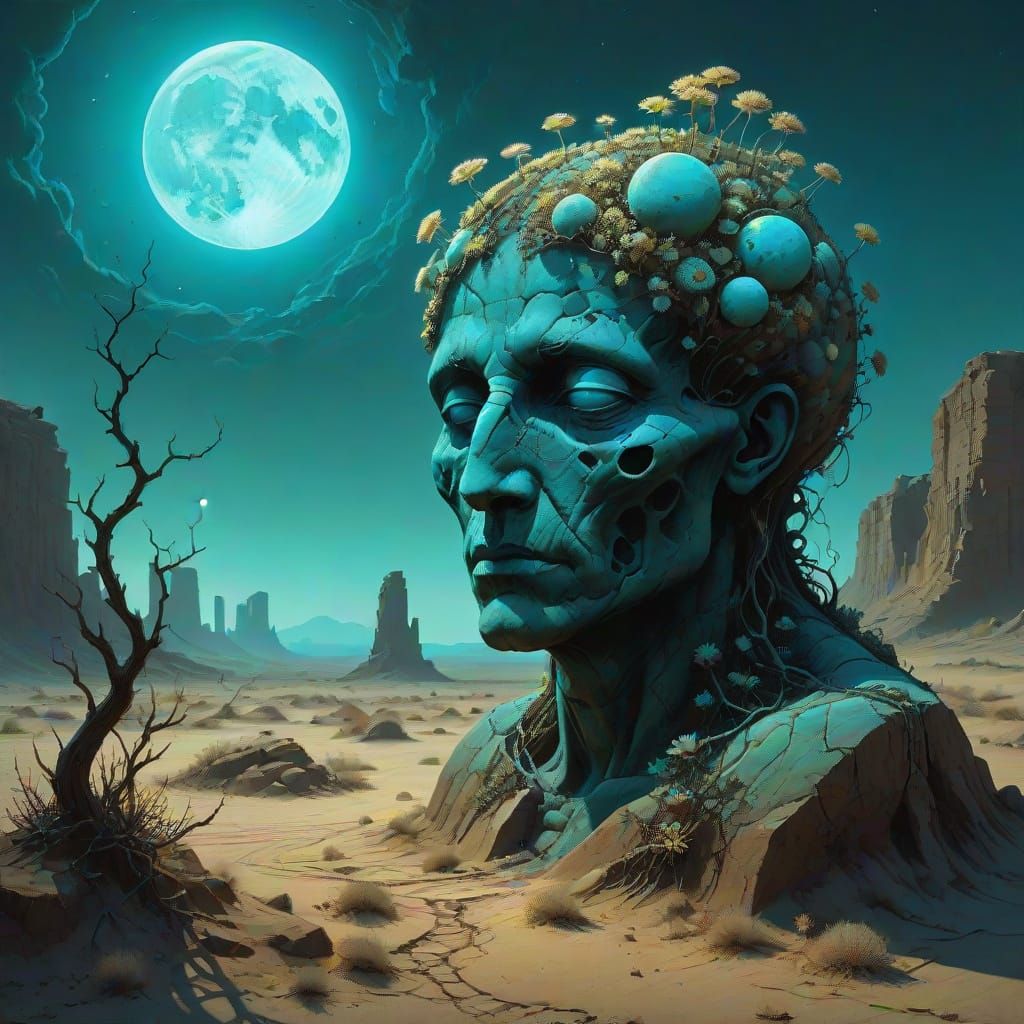 Ancient Stone Head in Desert Under Twin Moons