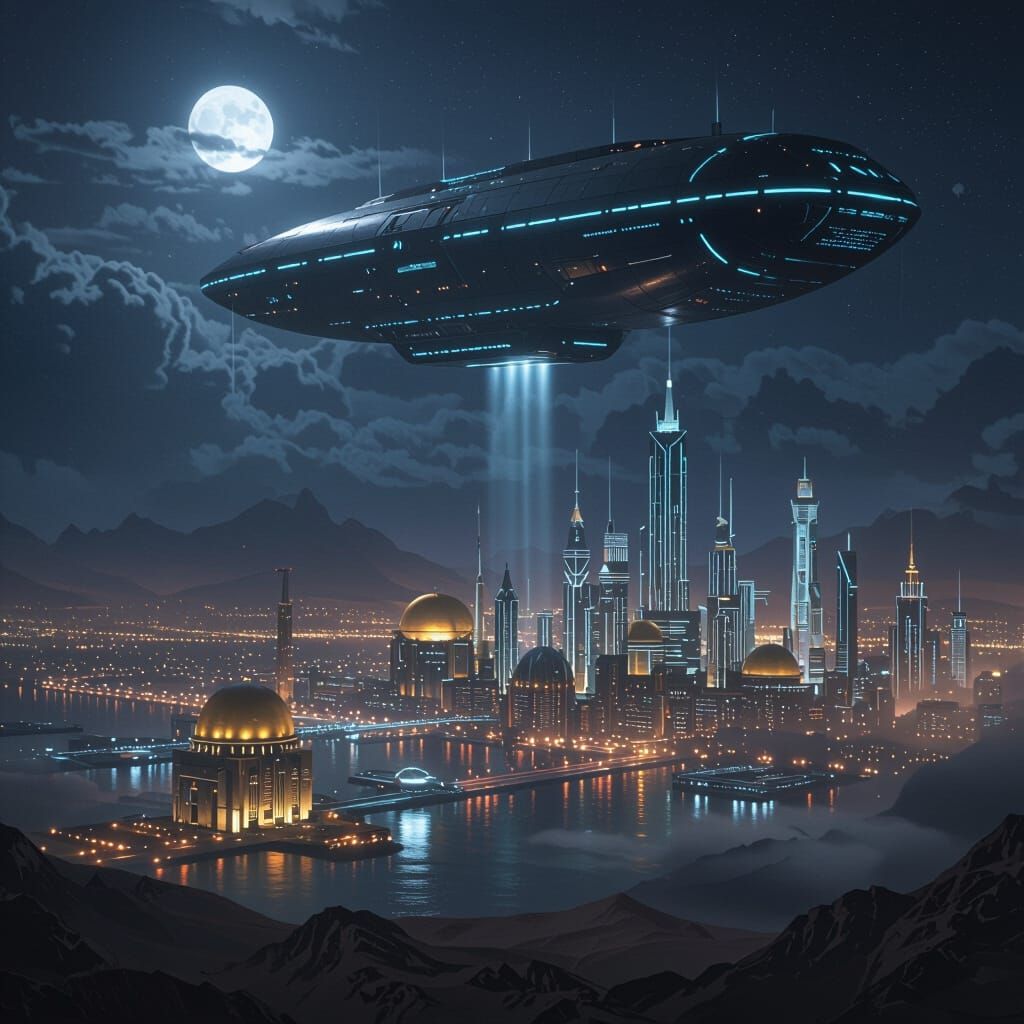 Flying Outpost Niflheim Descends on Glowing Metropolis Olymp...