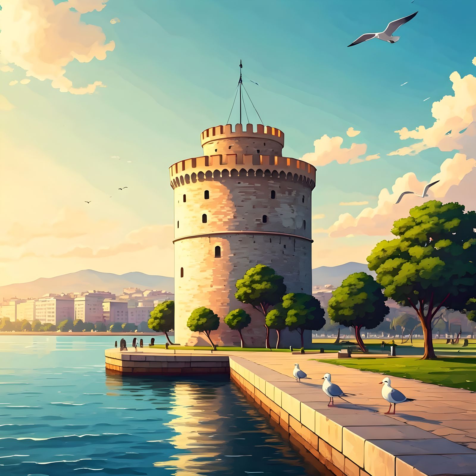 Serene Thessaloniki Watercolor Painting of the White Tower