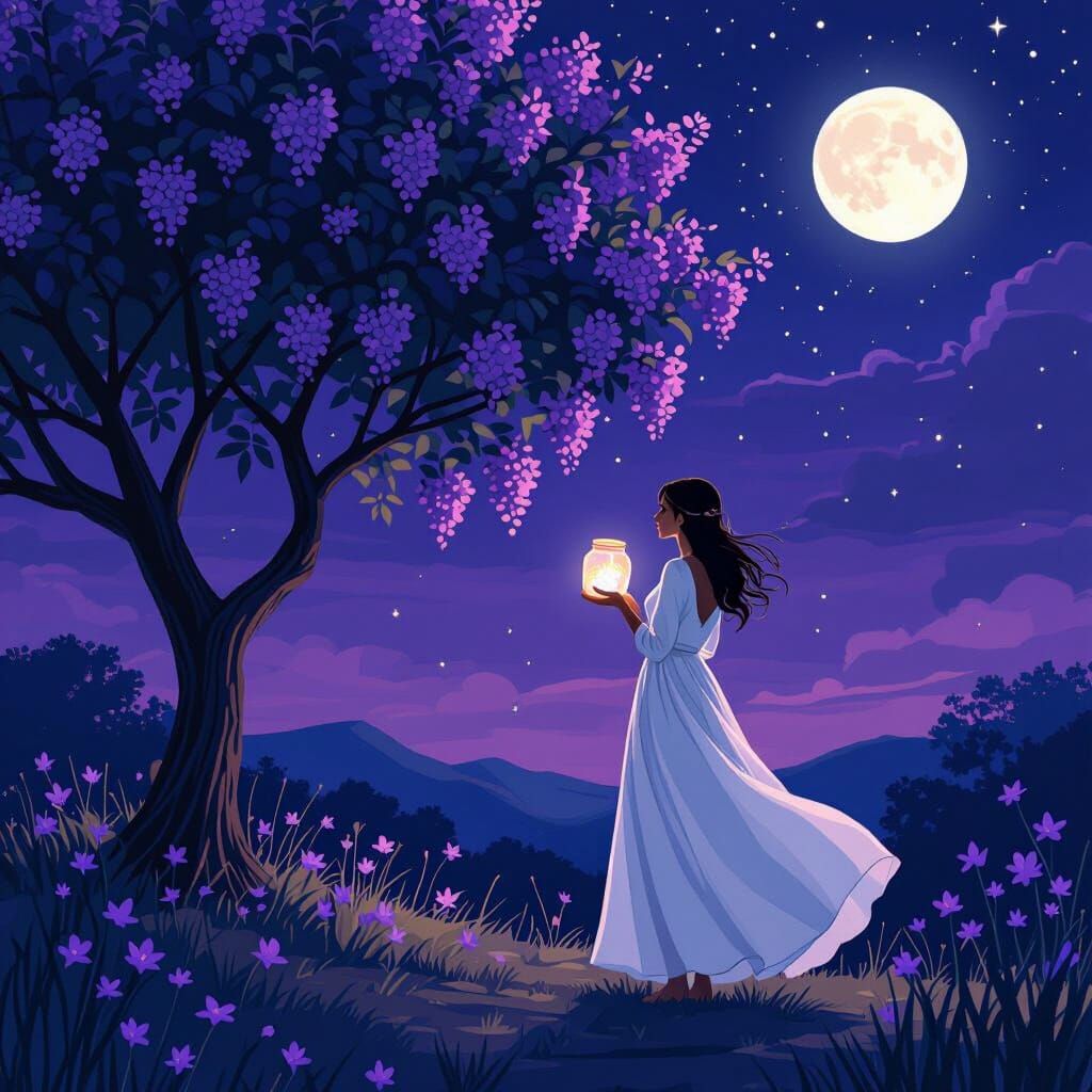 Woman in White Dress by Jarul Tree Under Purple Sky