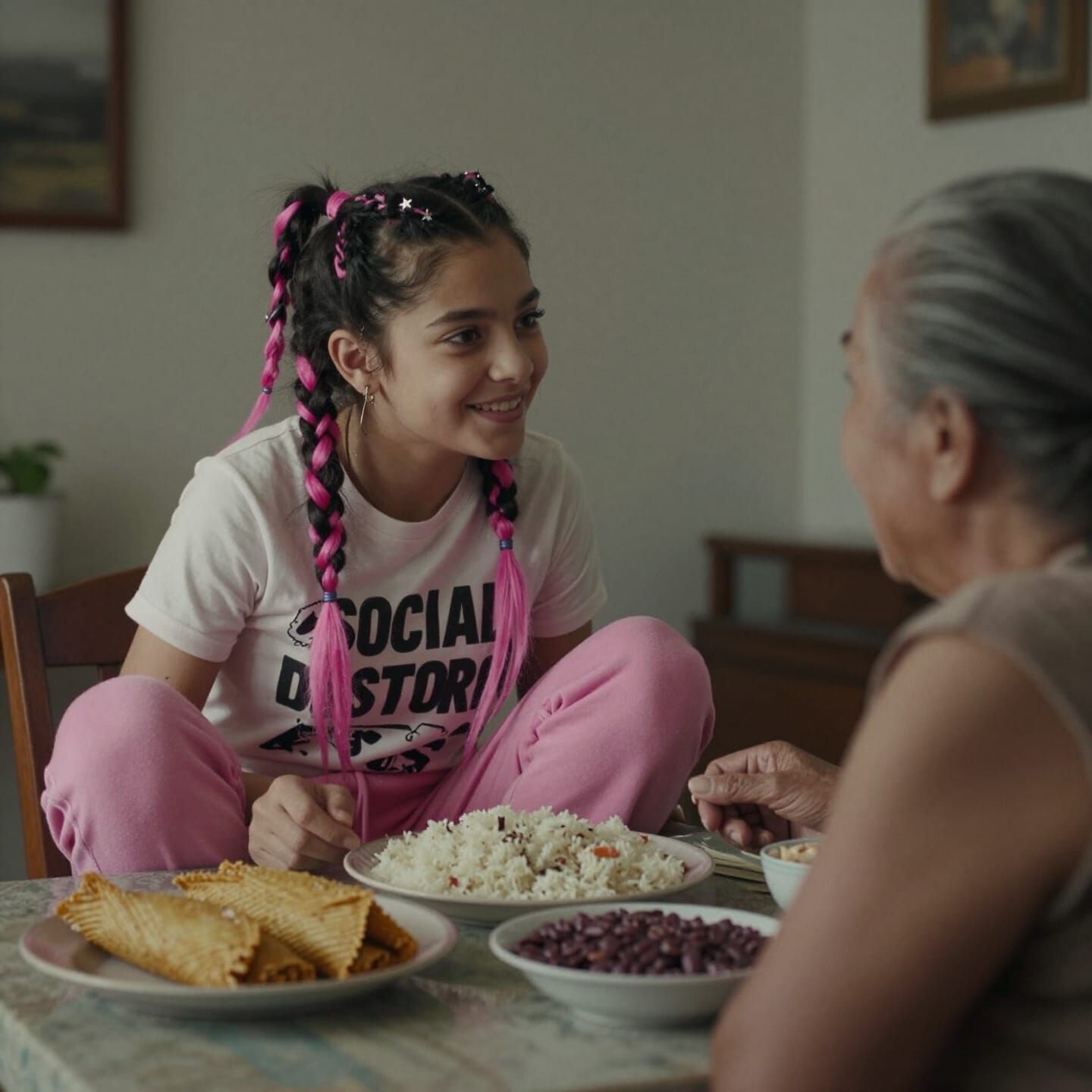Punk Girl with Grandma Sharing Meal in Apartment